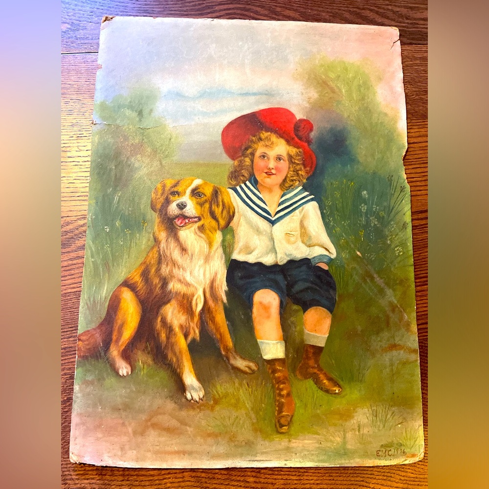 Original vintage 1906 painting by EMC 

20”x 14.5” (as measured)